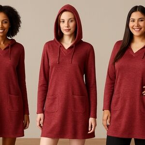 Allison Britney Women’s M Burgundy Hooded Tunic Dress Long Sleeve Lounge Casual